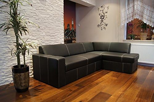 Sofá esquinero de piel auténtica Antalya I 245 x 164 cm negro, cuero con costuras decorativas, sofá con función cama y arcón, sofá esquinero de piel auténtica