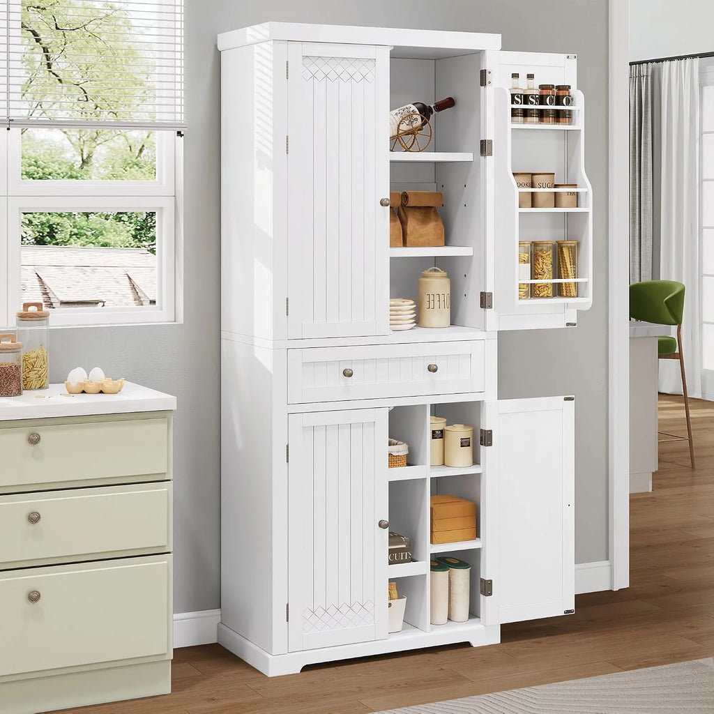 YITAHOME Szafka kuchenna 182,5 cm wysoka szafka do przechowywania, kredens kuchenny z ruchomą półką, biały kredens wolnostojący 70 x 40 x 182,5 cm