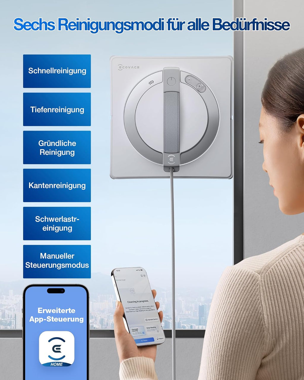 Robot limpiacristales ECOVACS WINBOT W2 PRO, pulverizador de agua de 3 boquillas, sistema de protección de 10 niveles, planificación de rutas Win-SLAM 4.0, sistema de escalada estable, detección de bordes, control por app, blanco