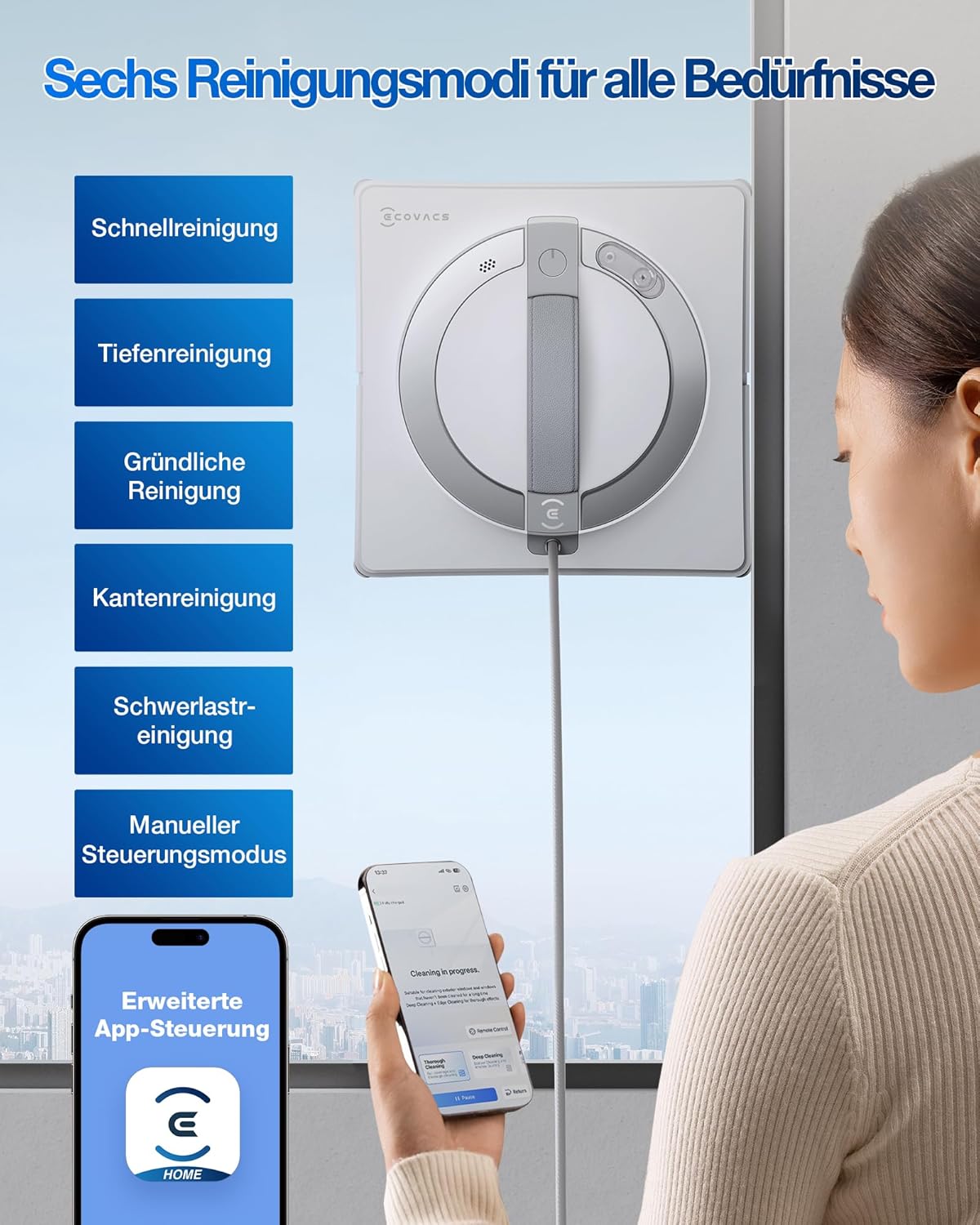 Robot limpiacristales ECOVACS WINBOT W2 PRO, pulverizador de agua de 3 boquillas, sistema de protección de 10 niveles, planificación de rutas Win-SLAM 4.0, sistema de escalada estable, detección de bordes, control por app, blanco