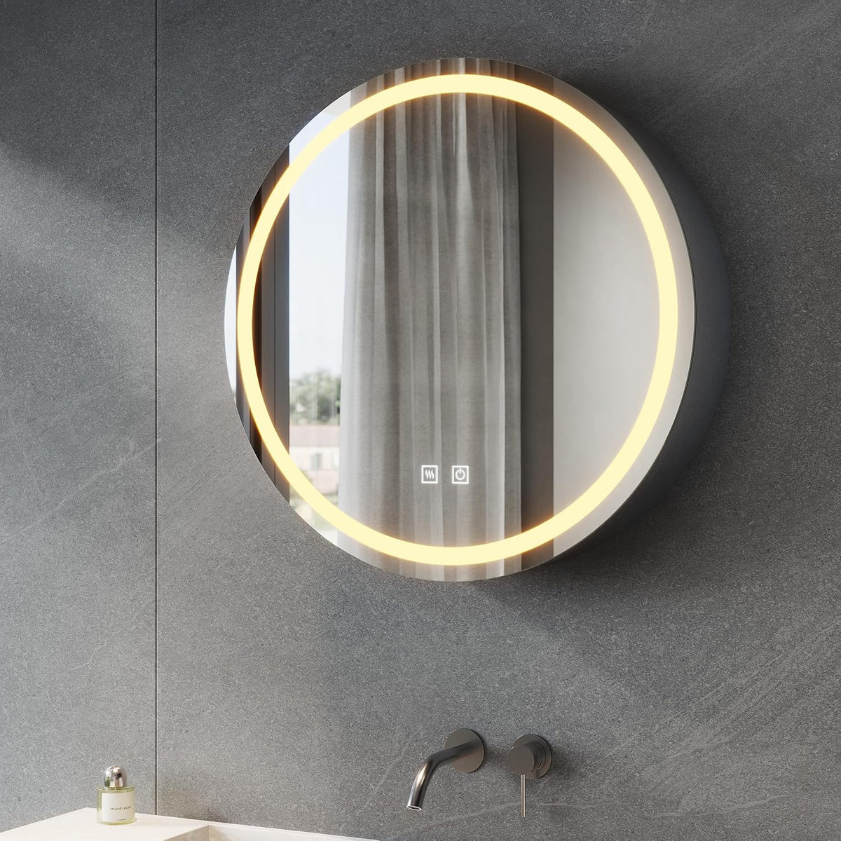 SONNI Armario de baño con espejo e iluminación, 3 colores de luz ajustables, antivaho, armario de baño redondo con enchufe, armario de baño con espejo y estante, botiquín 60 cm gris oscuro
