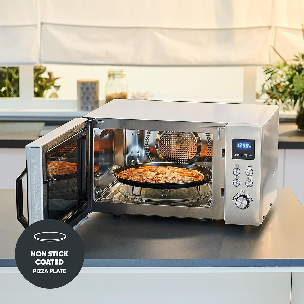 Microondas 4 en 1 SEVERIN "Crispy Wave", función de aire caliente hasta 230 °C, freidora de aire, microondas, horno y grill, temporizador de 95 min, potencia máx. 2150 W, 25 L, plata/acero inoxidable, MW 7982