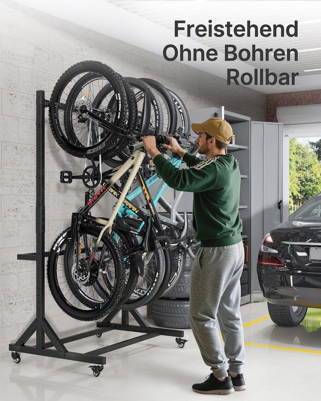 Soporte para bicicletas independiente para 5 bicicletas, portabicicletas vertical con 5 ganchos, 6 ganchos para cascos, estructura de acero, capacidad de carga de 160 kg