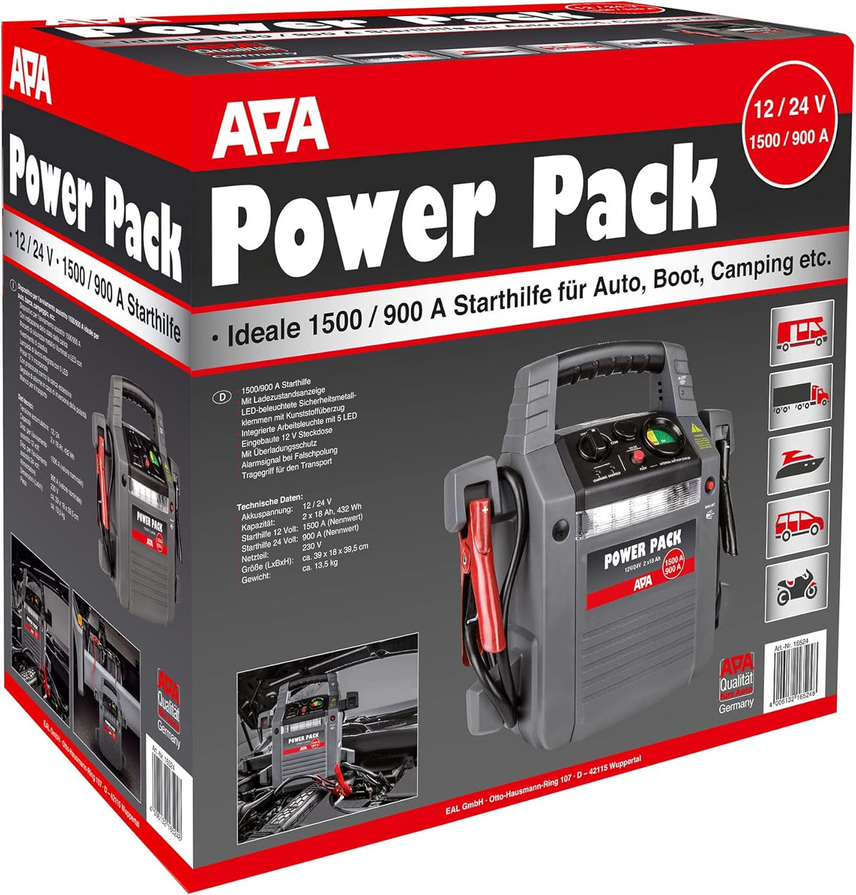 APA 16524 Arrancador Power Pack 12/24 V, 900 A
