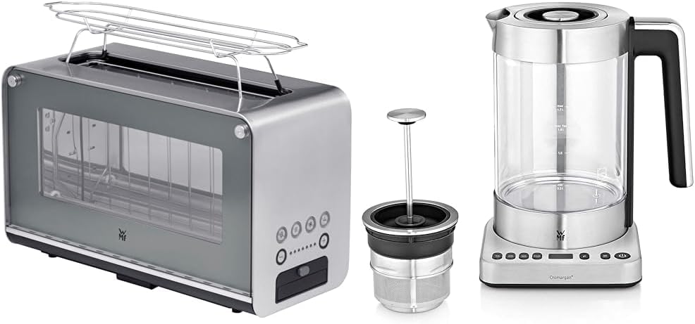 Tostadora de cristal WMF Lono con accesorio para panecillos, 2 rebanadas, XXL, elevación motorizada y hervidor de agua 2 en 1 Vario Lono, con ajuste de temperatura, 1,4-1,7 l, 3000 W, hervidor de té de cristal con infusor