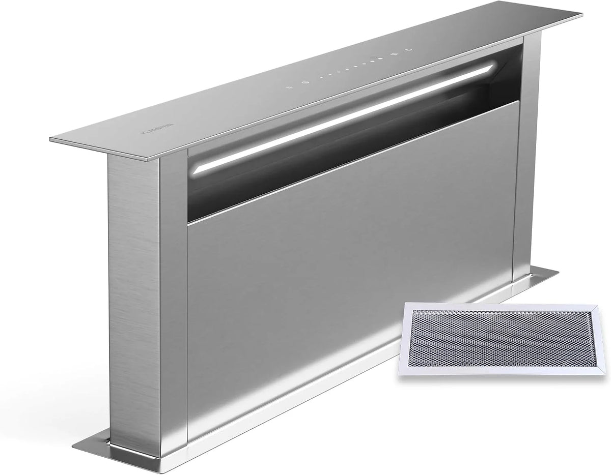 Klarstein Royal Flush Eco 75 Downdraft Okap kuchenny - Klasa energetyczna A++, Przepływ 604 m³/h, Panel dotykowy, Światło LED, Stal nierdzewna, Do wysp i kuchni, Cichy 52 dB