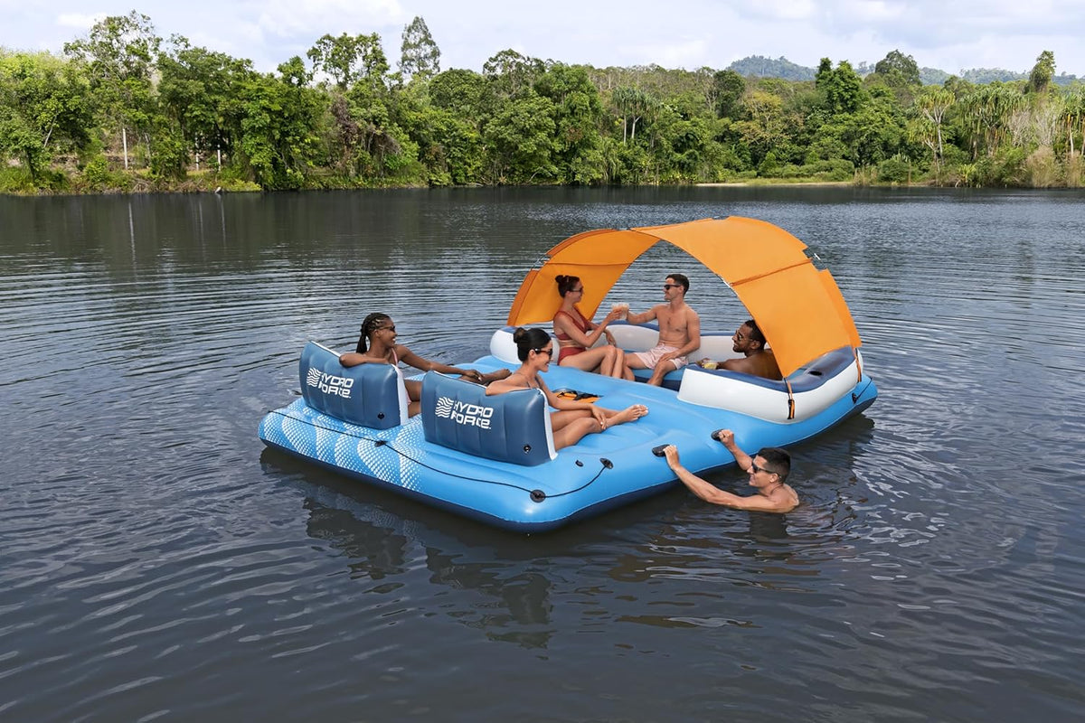 Isla flotante Tropical Breeze 43105 para 6 personas de 389 x 274 cm con toldo, bolsa térmica, 6 posavasos y parche de reparación