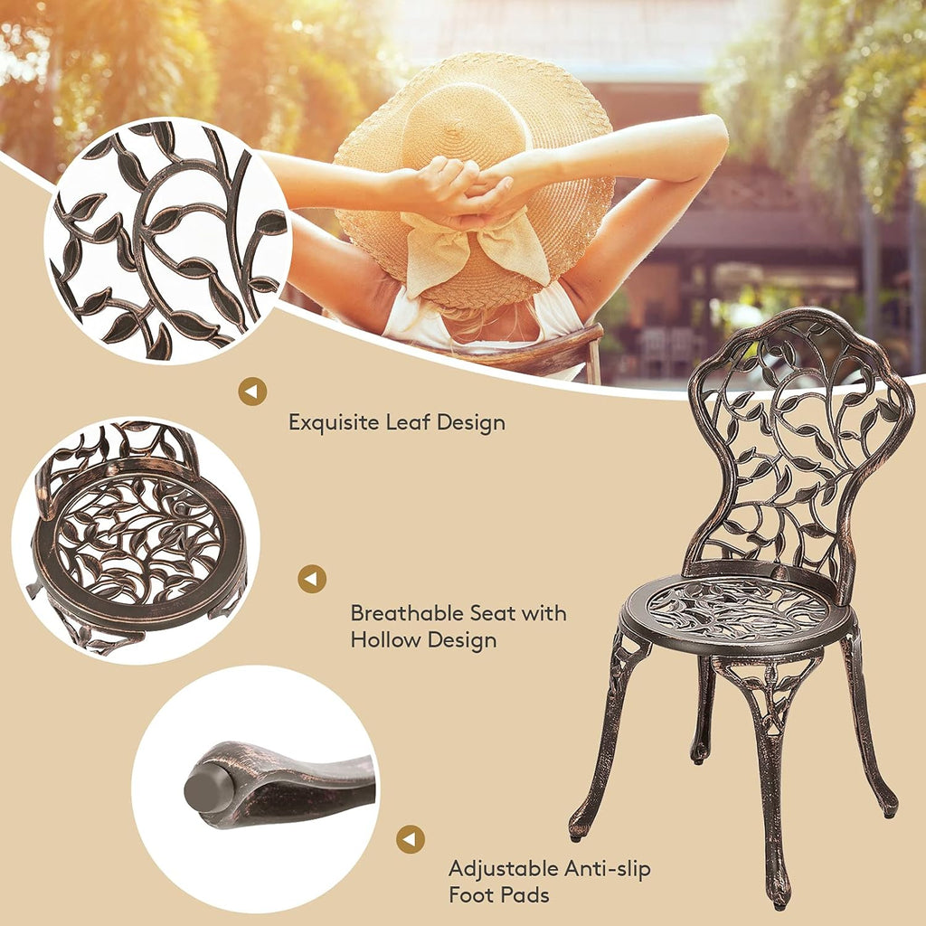 GIANTEX 3 TLG. Bistro Set, Bistrotisch mit 2 Stühlen, Gartenmöbel Set Alu, Gartenset Balkonset antik, runder Gartentisch, Balkonmöbel Set Garten Sitzgruppe 2 Sitzhocker Outdoor Bronze