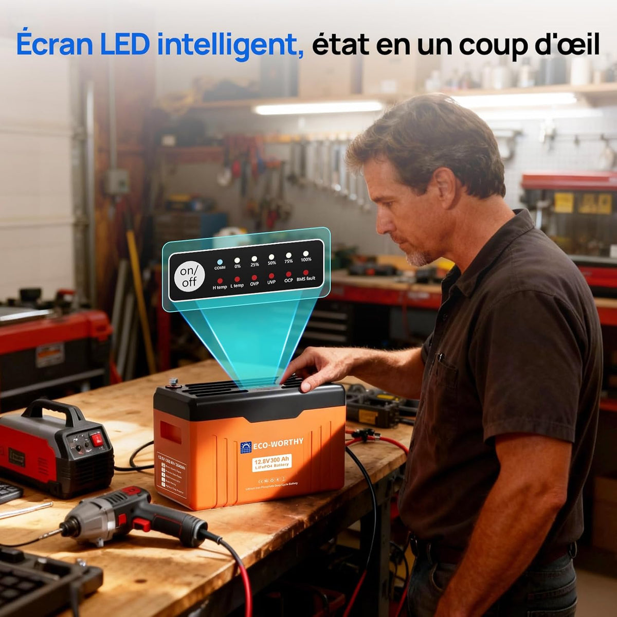 Batería de litio ECO-WORTHY 12V 300Ah LiFePO4 con Bluetooth y pantalla, batería LiFePO4 con BMS de 200A, protección de baja temperatura y máx. 15000 ciclos, 3840Wh 12V para autocaravana, panel solar