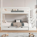 Cama litera infantil Rtopsu 90x200 cm con cama extraíble, cama alta con escalera y estantería de almacenamiento, cama casita con somier de madera y protección anticaída para 2-3 niños, blanco, sin colchón