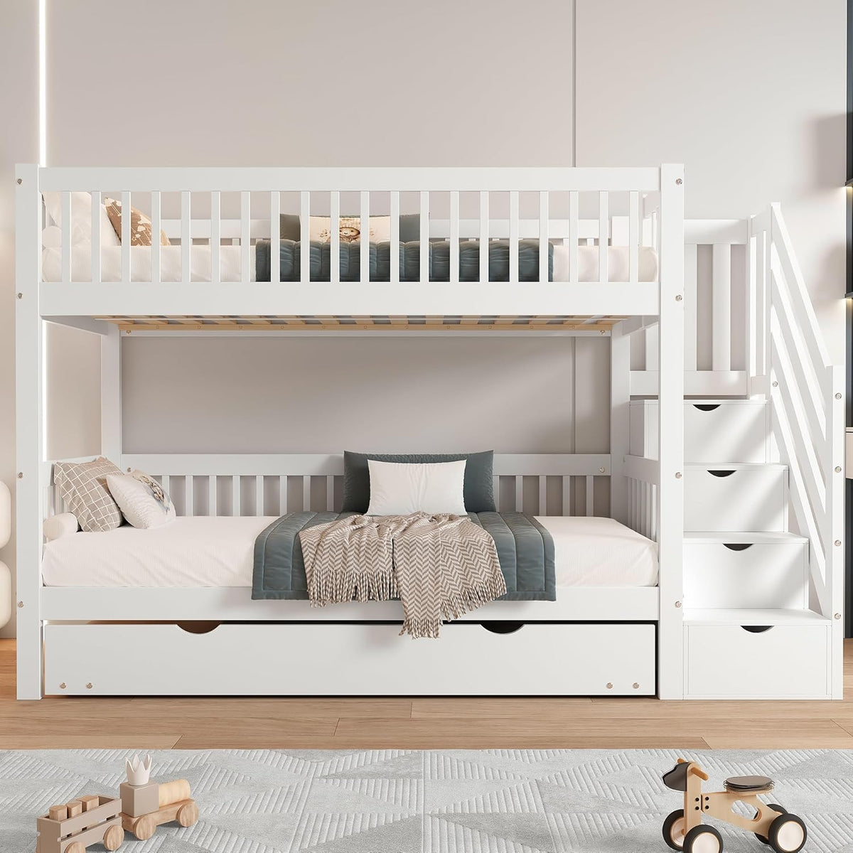 Cama litera infantil Rtopsu 90x200 cm con cama extraíble, cama alta con escalera y estantería de almacenamiento, cama casita con somier de madera y protección anticaída para 2-3 niños, blanco, sin colchón