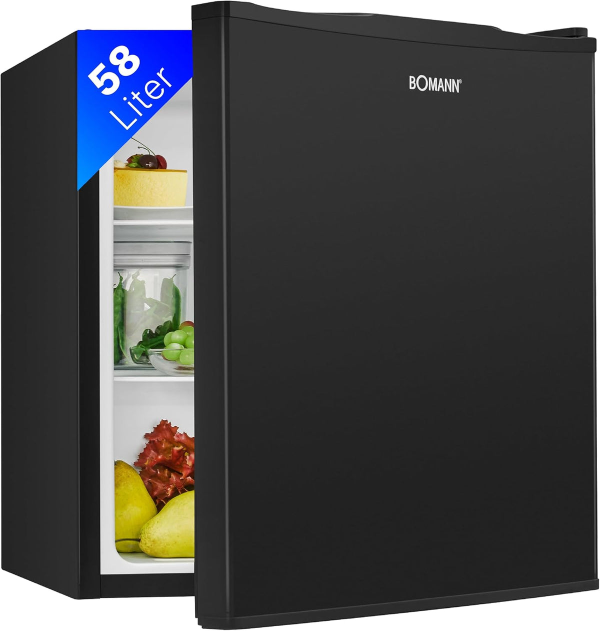 Mininevera Bomann con 58 litros de capacidad útil | Frigorífico pequeño con 2 estantes de cristal extraíbles | Minibar con regulación de temperatura continua y sentido de apertura de puerta reversible | KB 7347 negro