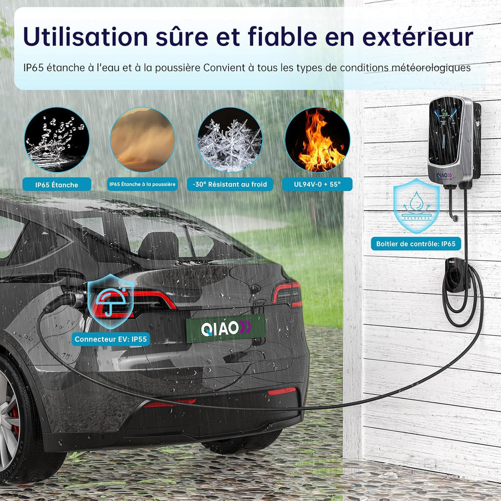 QIAO)) Cargador de vehículo eléctrico de 7,4 kW tipo 2 con cable de carga de 7 m, aplicación inteligente, pantalla LCD de 4,3", estación de carga para coche eléctrico de hasta 32 A, cargador tipo wallbox para montaje en pared con soporte para cable EV
