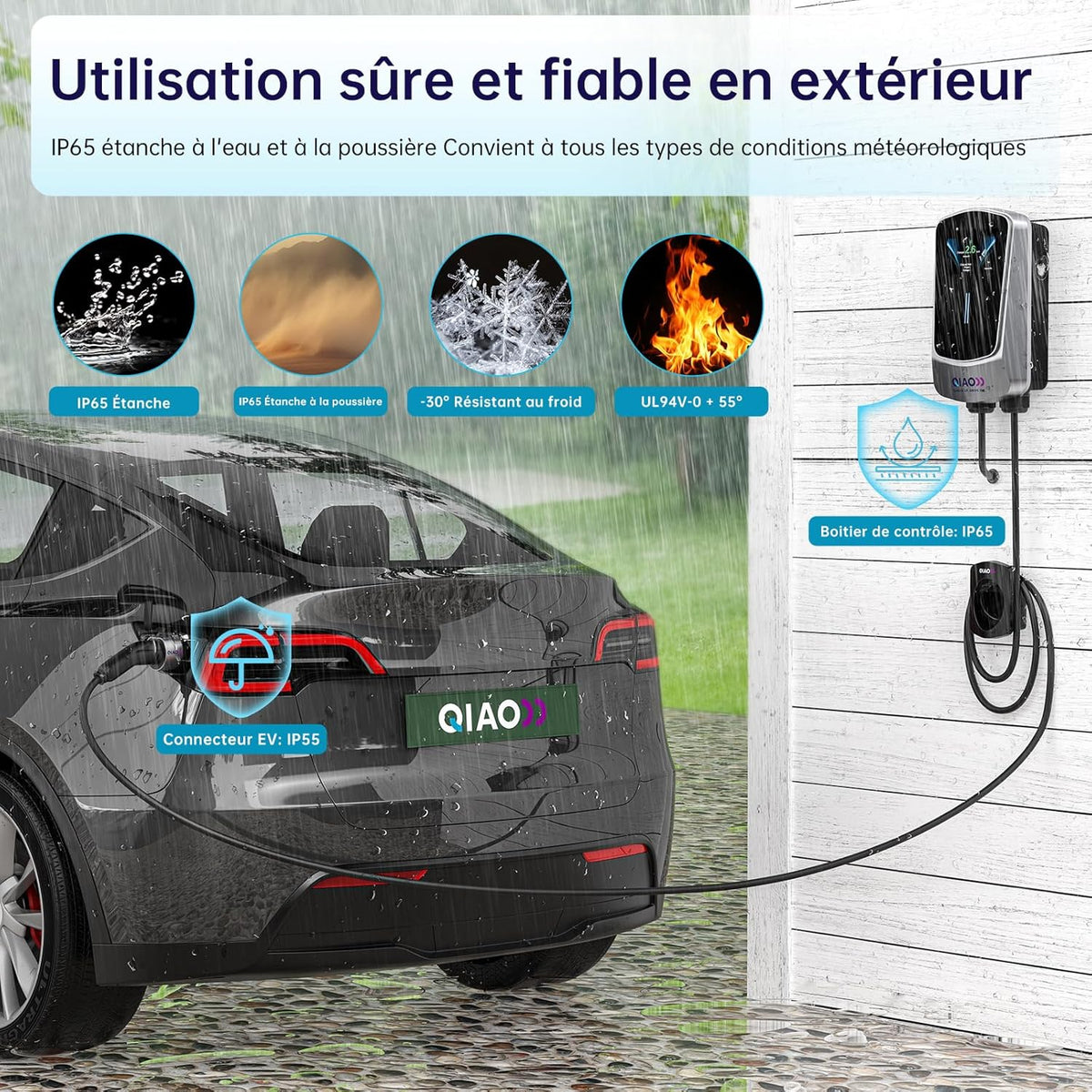 QIAO)) Cargador de vehículo eléctrico de 7,4 kW tipo 2 con cable de carga de 7 m, aplicación inteligente, pantalla LCD de 4,3", estación de carga para coche eléctrico de hasta 32 A, cargador tipo wallbox para montaje en pared con soporte para cable EV
