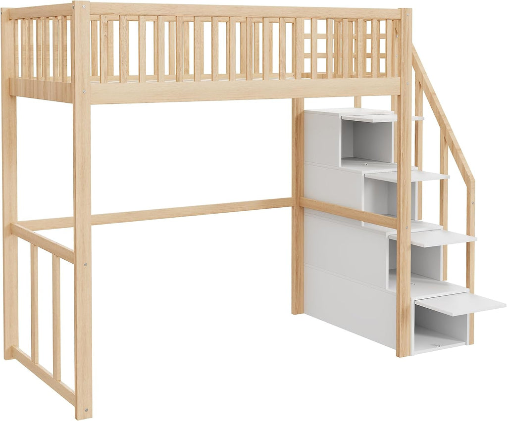 Cama alta Moimhear 90x200 cm con escalera de seguridad y almacenamiento, estructura de cama de madera de pino maciza para niños y jóvenes (color madera + blanco)