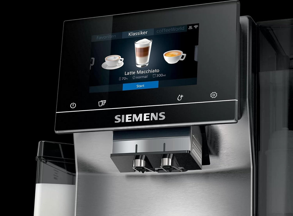 Cafetera superautomática Siemens EQ900 TQ903D03, control por app, pantalla táctil intuitiva, modo barista, AromaBoost, reducción de ruido, molinillo premium, limpieza automática con vapor, 1500 W, acero inoxidable