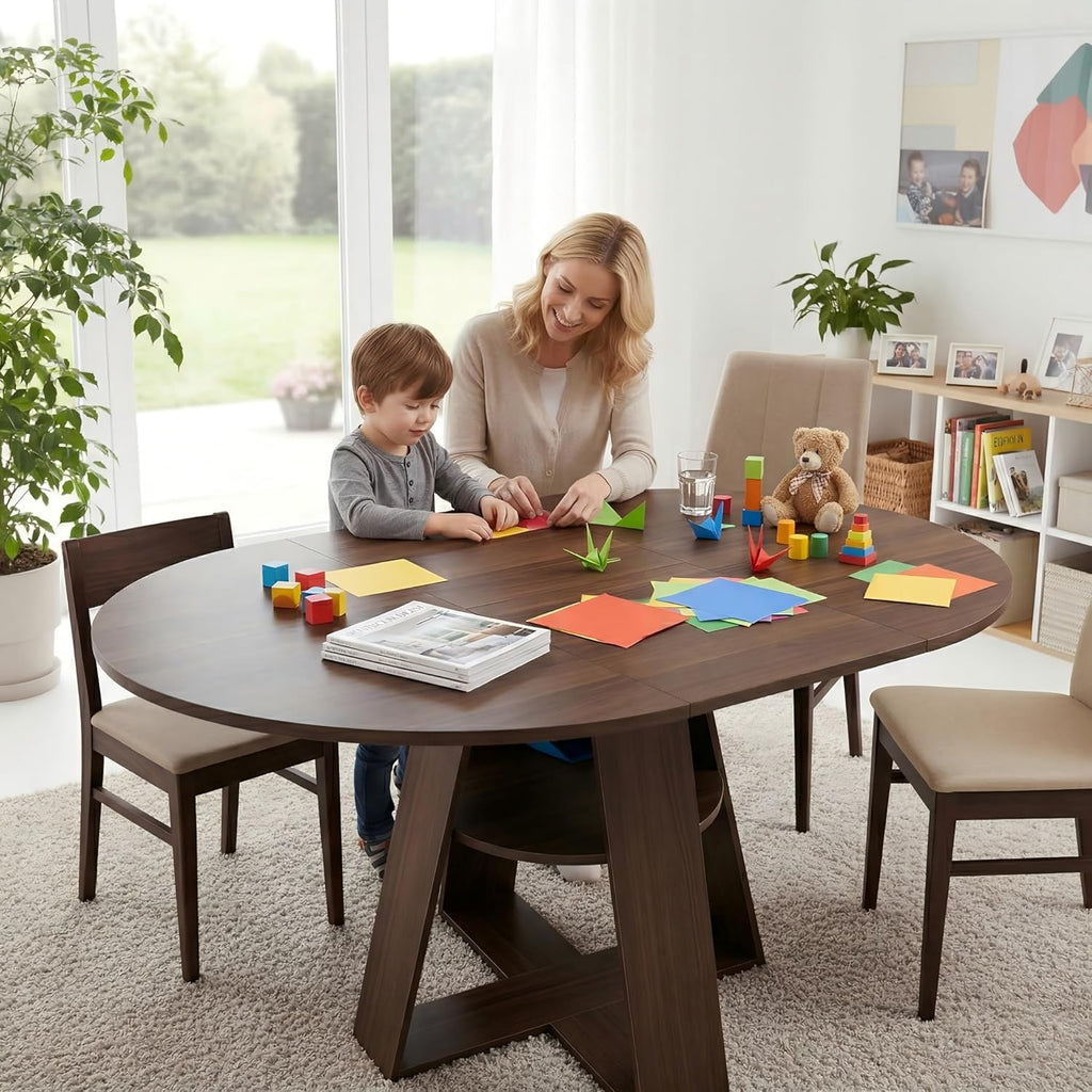 Mesa de comedor redonda extensible, mesa de comedor extensible blanca 100-140x100x75 cm, mesa extensible de comedor para 2-8 personas, mesa de cocina con tablero extraíble, estructura de madera con estante, nogal