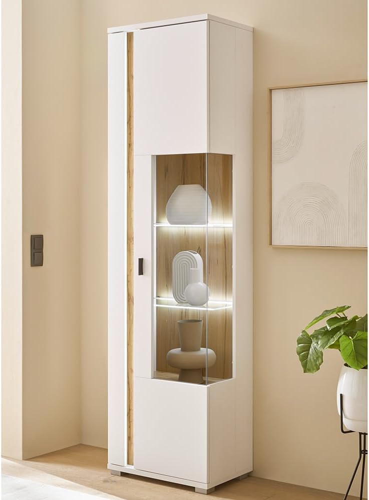Set de mueble de salón Lomadox de 4 piezas, muebles de sala en blanco y roble, estilo moderno, incluye 1 vitrina, 1 armario alto, 1 mueble bajo, 1 estante de pared e iluminación LED.