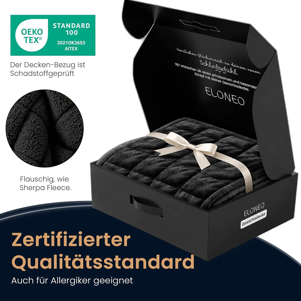 ELONEO koc obciążeniowy Sherpa Fleece 200x200 cm z 11 kg, certyfikowany Oeko-Tex, koc obciążeniowy, koc relaksacyjny i koc przeciwstresowy, czarny