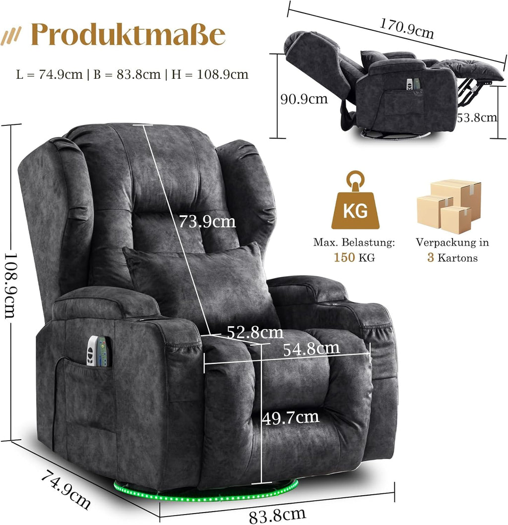 Sillón reclinable eléctrico, sillón relax con función de tumbona, sillón giratorio 240°, sillón de cine, sillón de masaje con función de calor, sillón de TV para salón hasta 150 kg (tejido de terciopelo, gris)