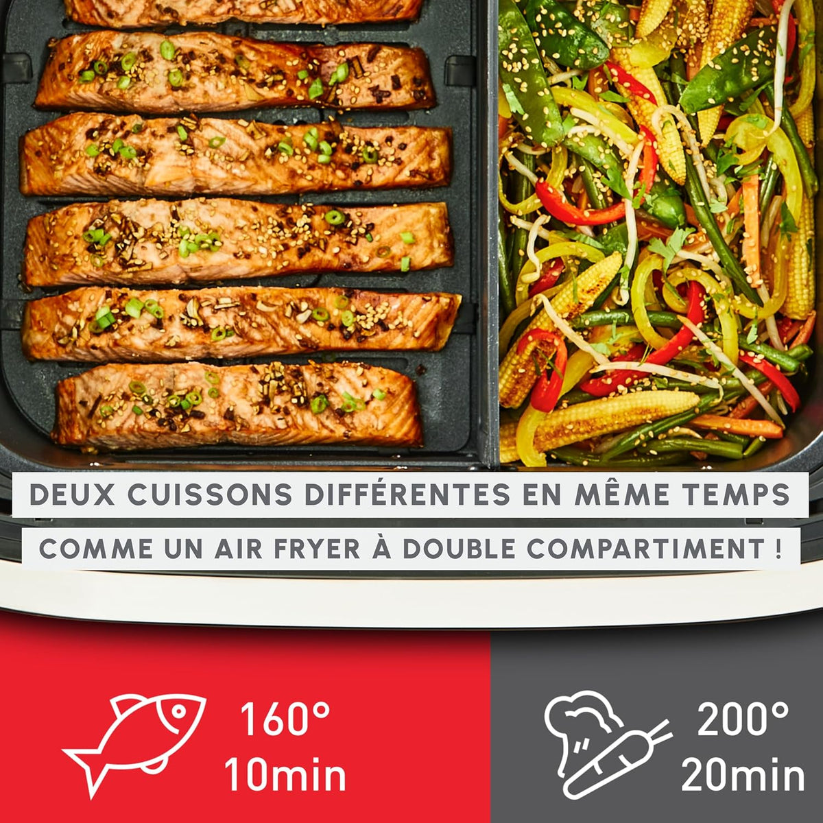 LOTE Freidora de aire Moulinex Flex 2 zonas 9L, separador extraíble EZ9228F0, negro + 2 moldes para pasteles Tefal especiales para freidora de aire J176S204