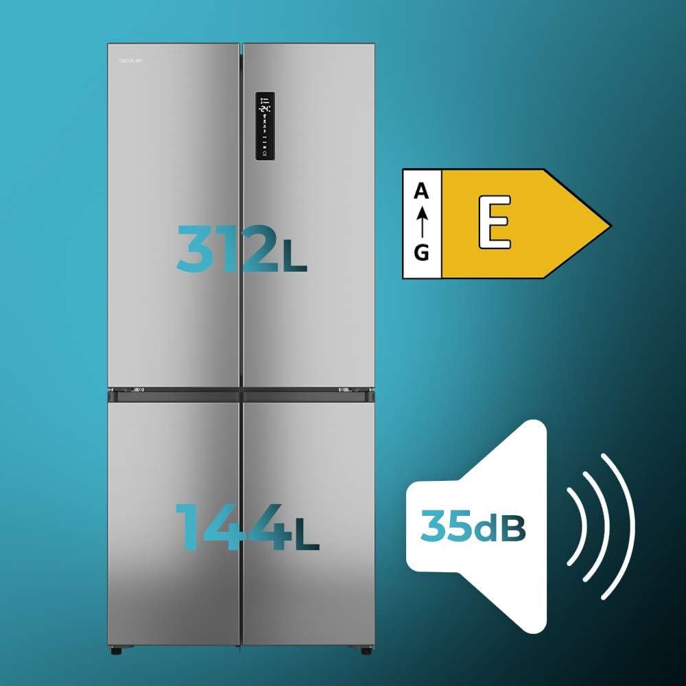 Frigorífico Cecotec 4 Puertas Semi-Integrable Total No Frost Bolero CoolMarket 4D 456 SBI Inox E, Capacidad Extra Máx 456 L, 189 cm de altura y 83 cm de ancho, MetalFlexCooling, Compresor Inverter