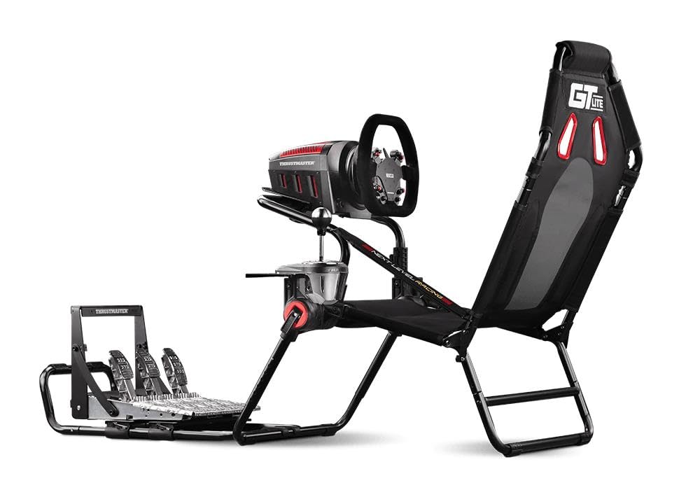 Cabina de simulación de carreras GTLite, soporte plegable ajustable para volante, pedales y palanca de cambios, diseño compacto y fácil de almacenar.