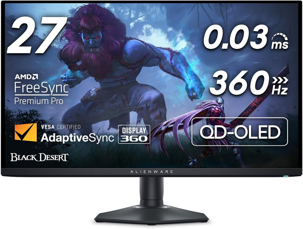 Monitor gaming Alienware AW2725DF de 27" QHD (2560x1440), 360Hz, QD OLED, 0,03ms, AMD FreeSync Premium Pro, 99,3% DCI-P3, HDR400, USB-C, 2X DisplayPort, HDMI, 4X USB, 3 años de garantía