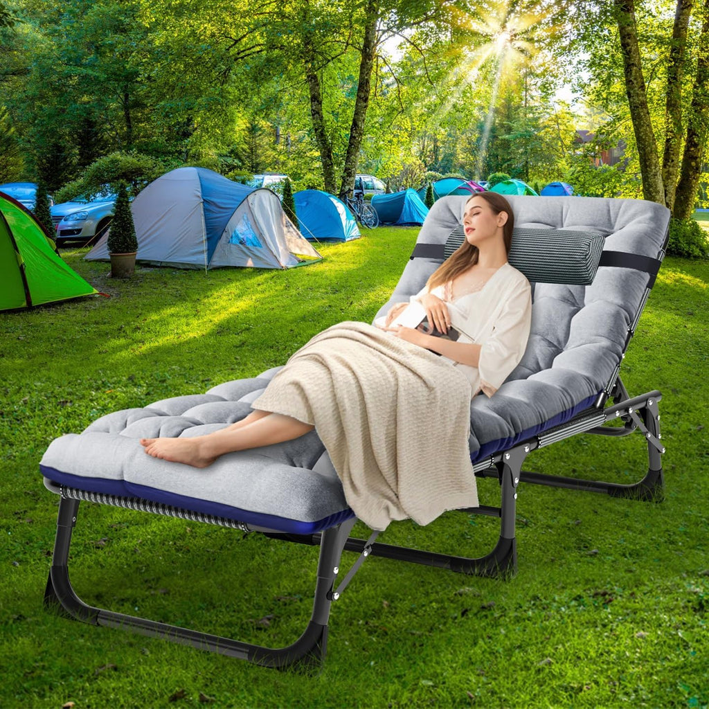 Set de 2 tumbonas plegables con colchón, capacidad de carga de 200 kg, tumbona de jardín con bolsillo lateral y reposacabezas, respaldo ajustable, tumbona de relax para balcón, jardín y playa