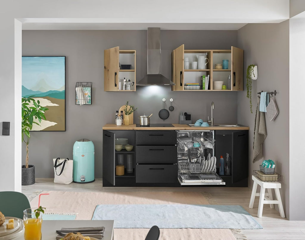Stella Trading Turin ZB Cocina compacta 220 x 211 x 60 cm, negro - Sin electrodomésticos - Cocina moderna y espaciosa con aspecto de roble Artisan y gran capacidad de almacenamiento