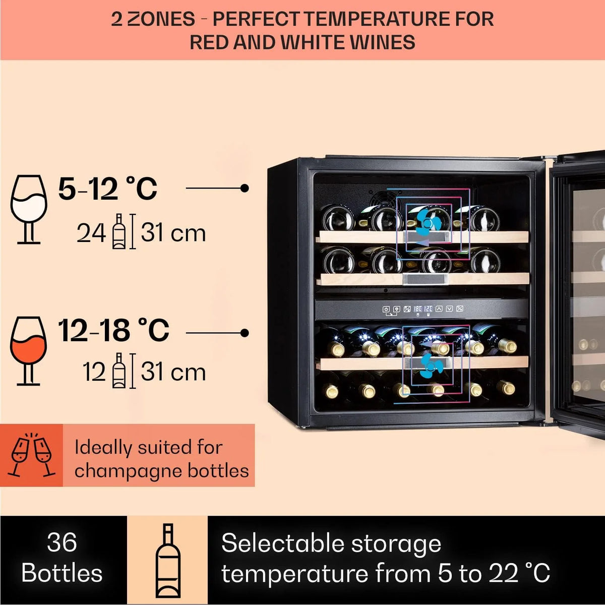 Klarstein Chłodziarka do wina do zabudowy, 2 strefy, Mała lodówka na napoje, Mała szafa na wino 85L, Chłodziarka ze szklanymi drzwiami, Lodówka na butelki Indoor/Outdoor, Wine Fridge 36 butelek