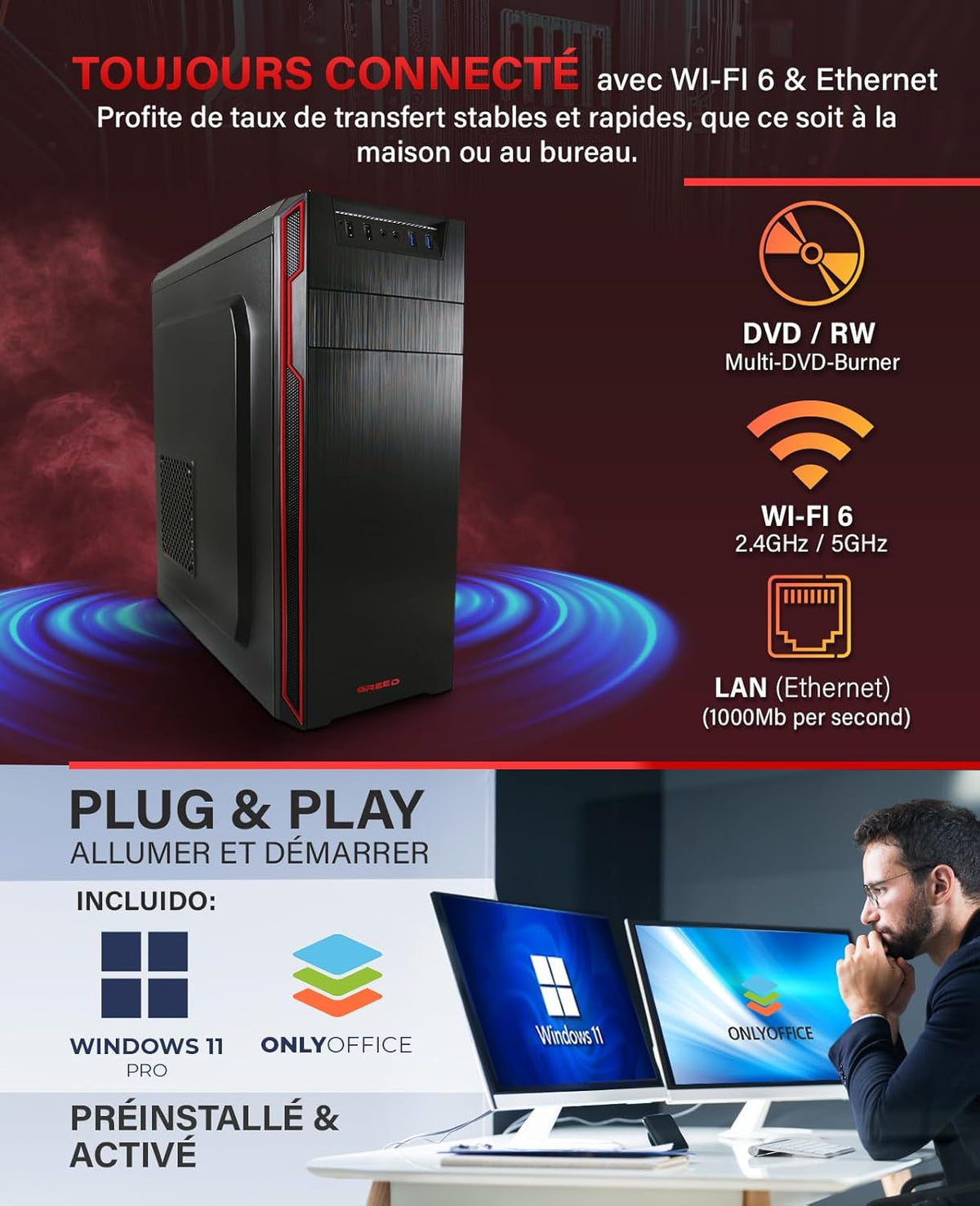 Greed® PC Ultra V2 con AMD Ryzen 7 5700G - Computadora rápida + Computadora de escritorio para el hogar con 4.6 GHz, 16 GB de RAM/memoria - SSD de 1 TB + HDD de 1 TB - DVD+RW - USB3.1 - Wi-Fi, con Win11 Pro