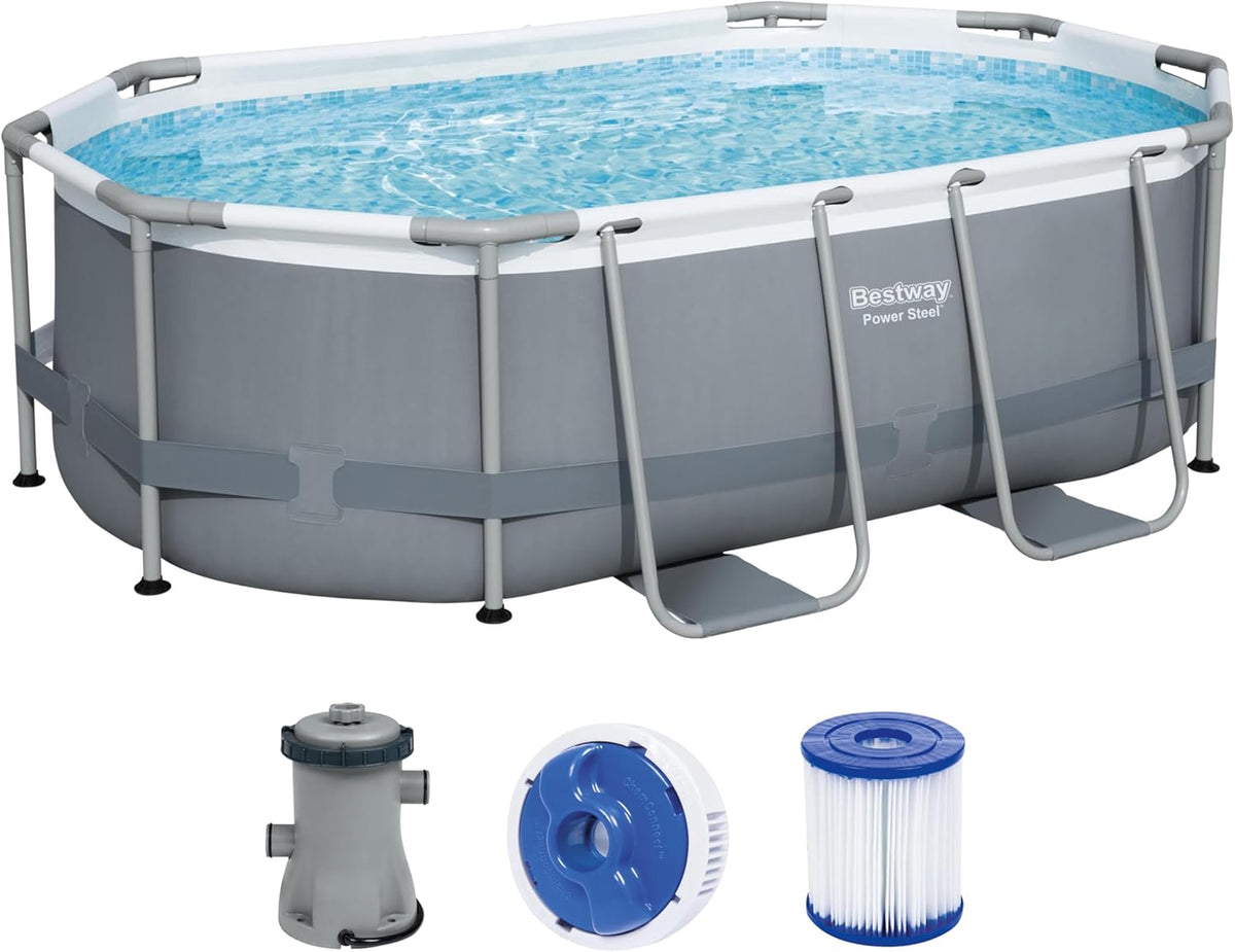 Set de piscina con estructura Power Steel de Bestway, ovalada, con bomba de filtrado, 305 x 200 x 84 cm, gris, 5614A