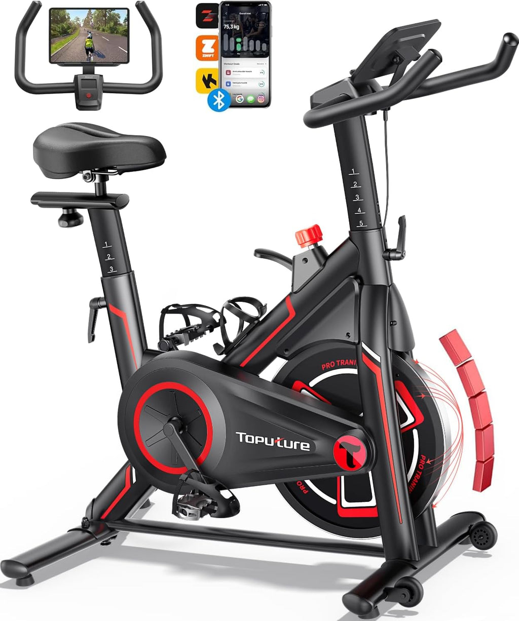 TOPUTURE Bicicleta estática conectada con App, bicicleta estática con 100 niveles de resistencia magnética, silenciosa, ergómetro LCD, bicicleta de ejercicio cardiovascular, personalice su deporte en casa, capacidad 150 kg