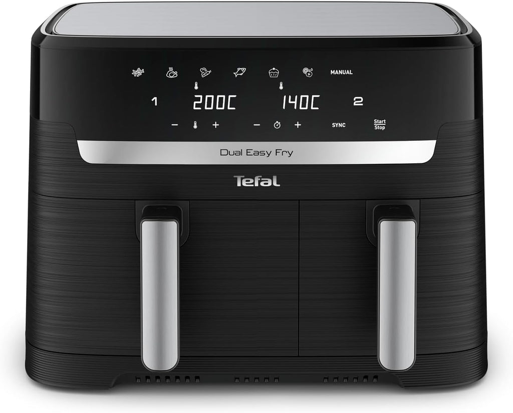 Freidora de aire Tefal Dual Easy Fry de 8,3 l: freidora de aire con 2 compartimentos y cajón XL, 7 programas, 2700 W, tecnología Extra-Crisp, fritura baja en grasa y ahorro de energía, apta para lavavajillas EY9018