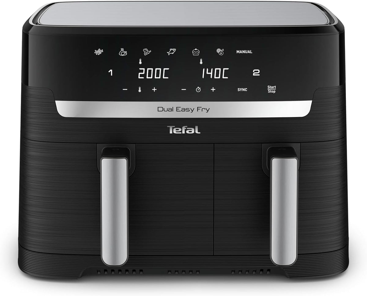 Freidora de aire Tefal Dual Easy Fry de 8,3 l: freidora de aire con 2 compartimentos y cajón XL, 7 programas, 2700 W, tecnología Extra-Crisp, fritura baja en grasa y ahorro de energía, apta para lavavajillas EY9018