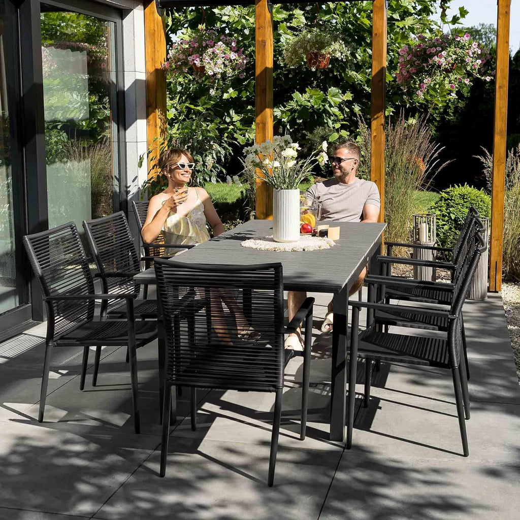Mesa de jardín extensible di volio Drena 160x210 cm, mesa de terraza de aluminio resistente a la intemperie con aspecto de madera, mesa de comedor estable para jardín, terraza y balcón (gris)