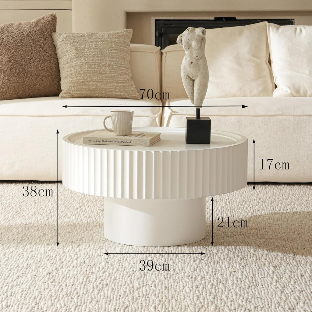 Mesa de centro redonda de madera, mesa de salón redonda con diseño acanalado, mesa de café en forma de seta de φ70×38 cm, mesa de centro redonda blanca de madera de pino para salón, habitación y balcón