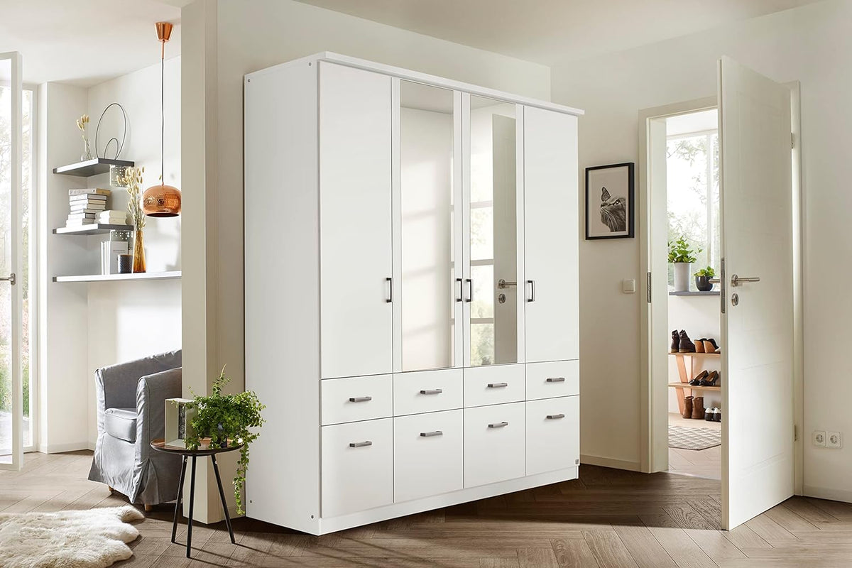 Armario de puertas batientes Rauch Möbel Bremen, armario ropero en blanco con 2 espejos y 8 cajones, 4 puertas, incluye paquete de accesorios Basic, 1 barra de armario, 4 estantes, ancho x alto x profundidad 181x199x58 cm