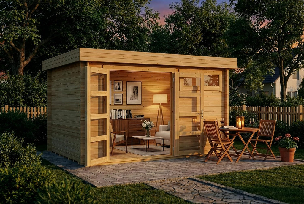 Caseta de jardín Leandro con suelo de madera, cobertizo para herramientas de 394x268 cm con 28 mm de grosor de pared en acabado natural