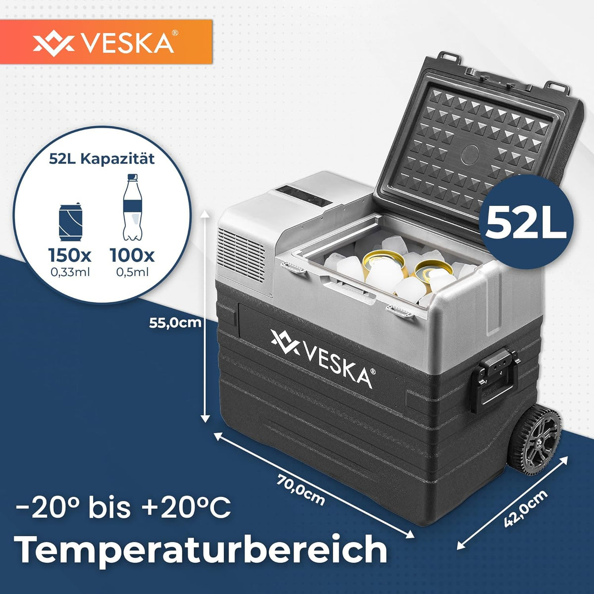 Nevera portátil de compresor, congelador con control por APP, puerto USB, 12/24V, 230V, ruedas, refrigerador transportable, arcón frigorífico, caja congeladora hasta -20 °C para coche, camión, barco (52L - antracita)