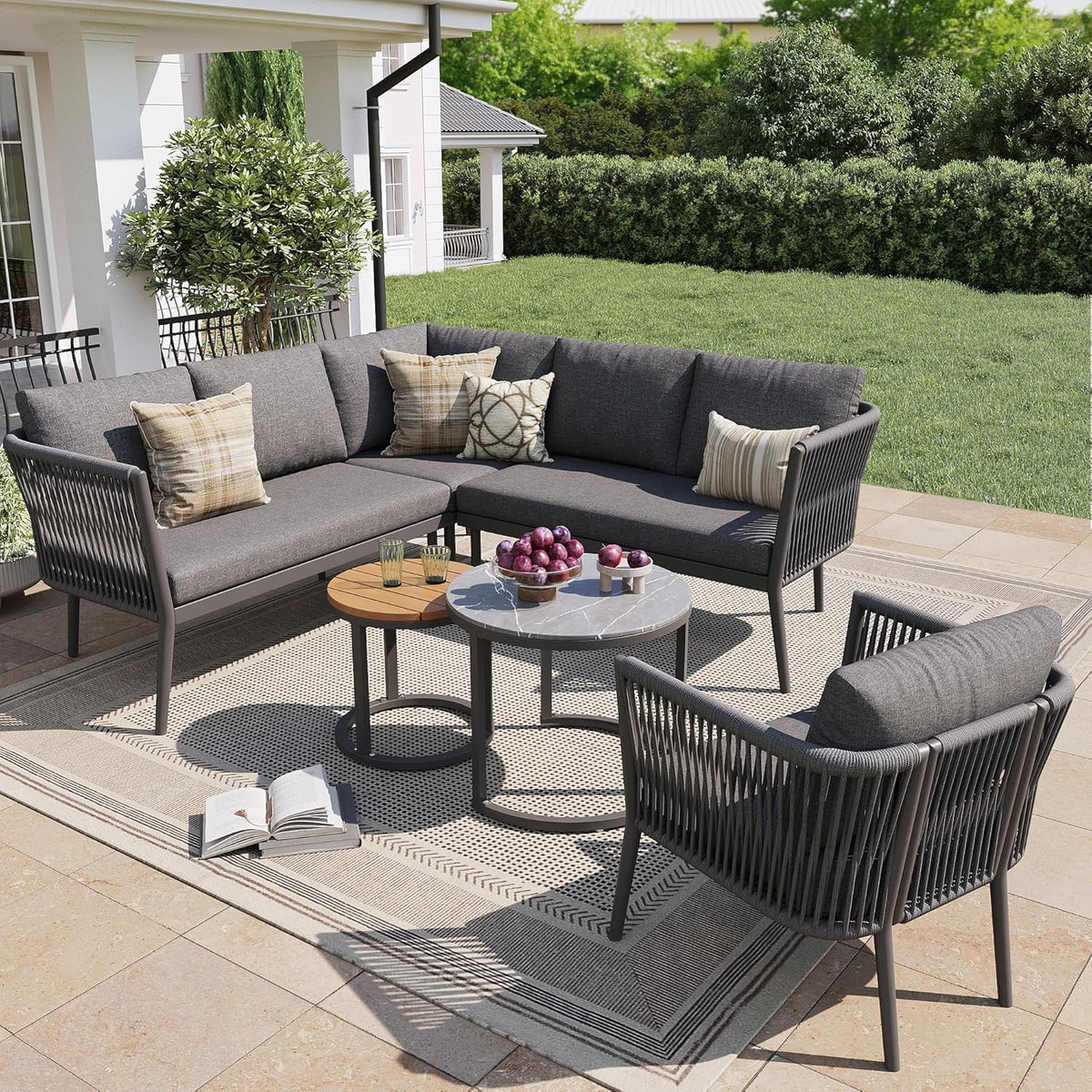 Conjunto de jardín Merax para 5-6 personas, set de muebles de jardín de ratán PE, grupo de asientos para balcón, sofá modular para exterior con mesa y set de cojines, grupo de asientos resistente a la intemperie para terraza, balcón y jardín, gris