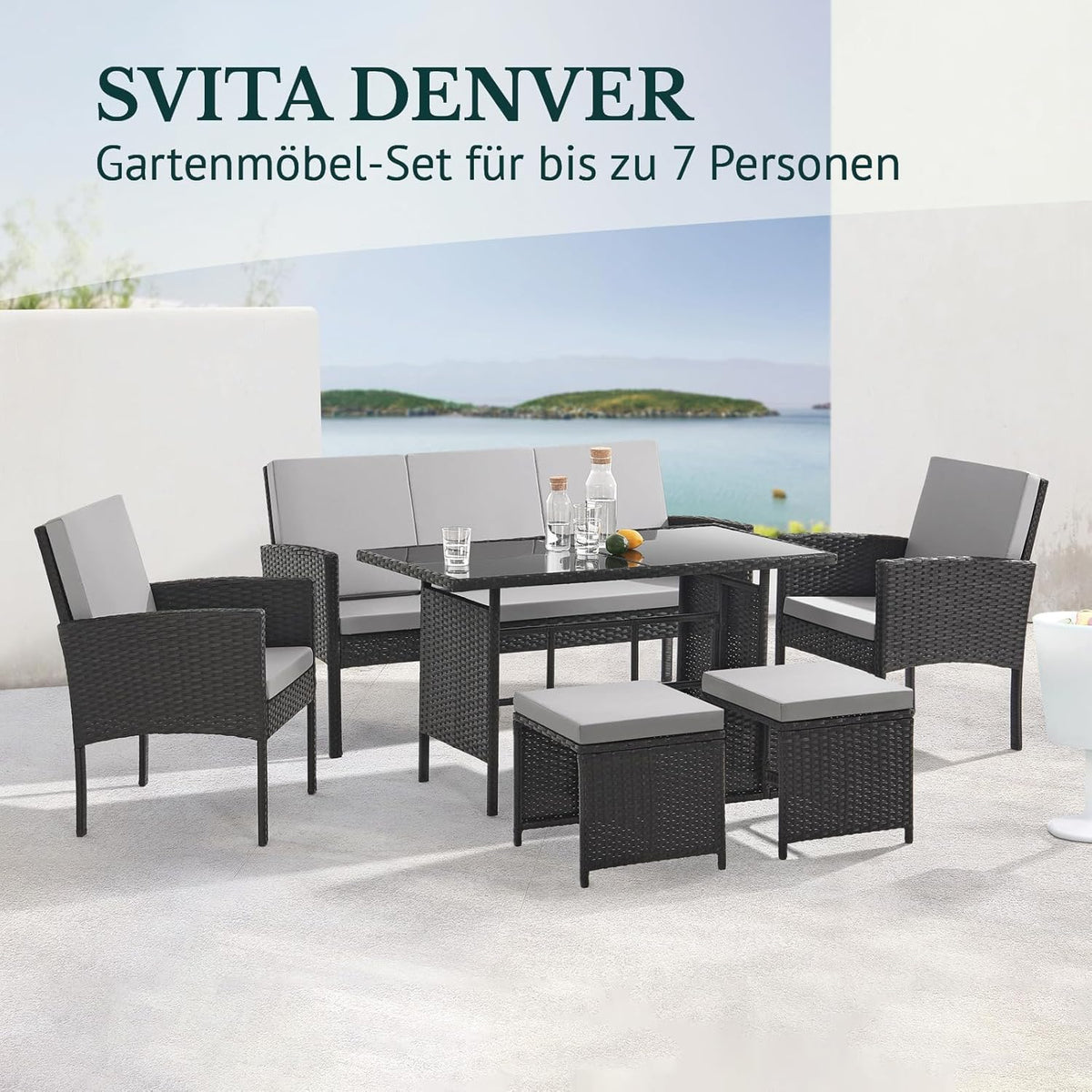Set de muebles de jardín SVITA Denver de poliratán, grupo de comedor, salón, mesa de comedor, negro
