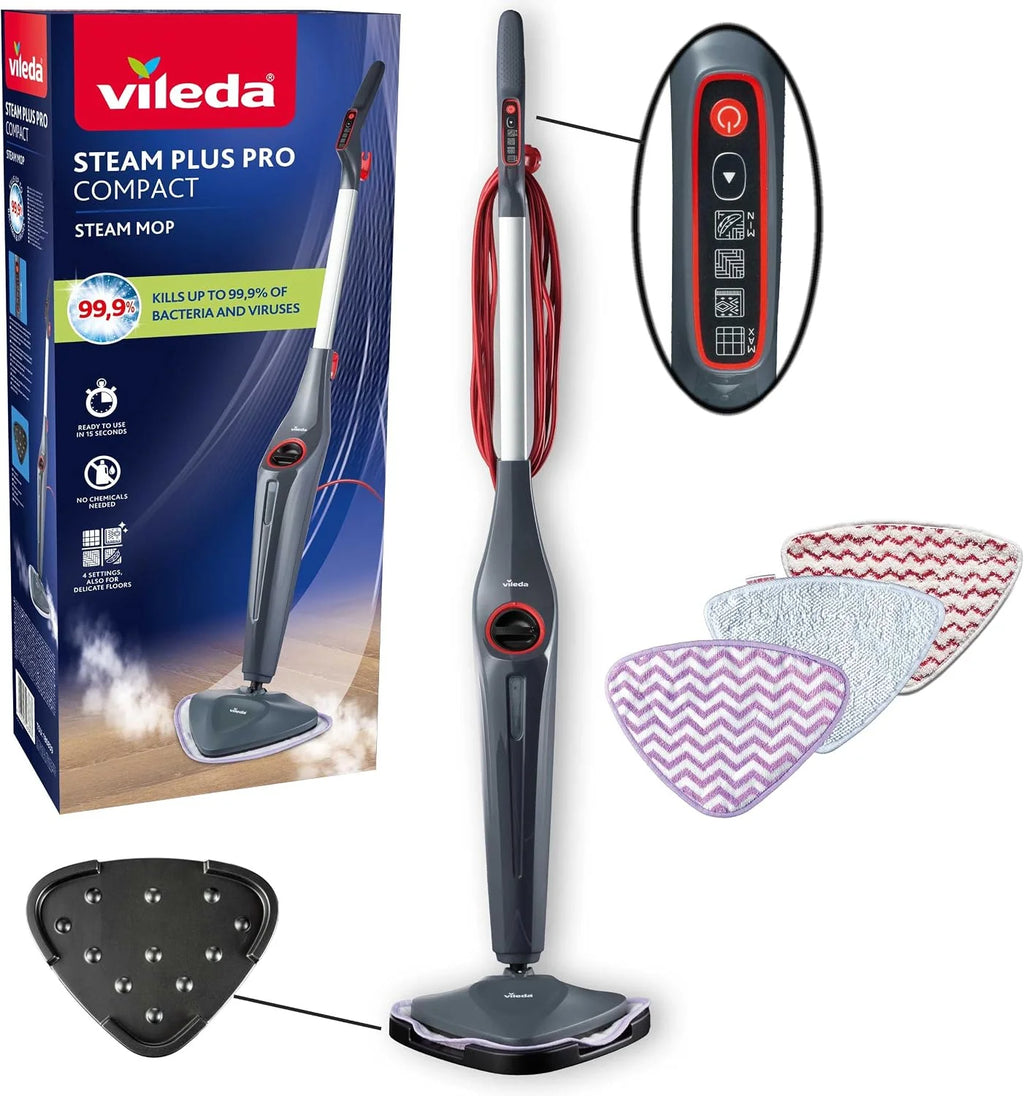 Mop parowy Vileda Steam Plus Pro, zabija do 99,9% bakterii i wirusów, idealny do delikatnych podłóg, z 4 trybami pary, posiada podstawkę do przechowywania