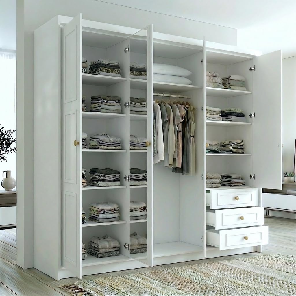 Armario de 4 puertas A und J MöbelLand Oslo con 3 cajones - 200 x 215 cm - Armario de puertas batientes con barra para colgar ropa y estantes, diseño moderno con tiradores de metal