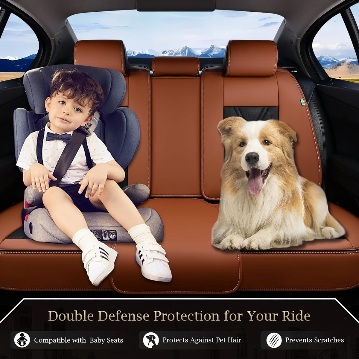 Fundas de asiento trasero FLORICH, fundas de asiento de coche de piel, protector de asiento trasero impermeable, cojín de asiento universal para la mayoría de coches, camionetas y SUV - Marrón y negro