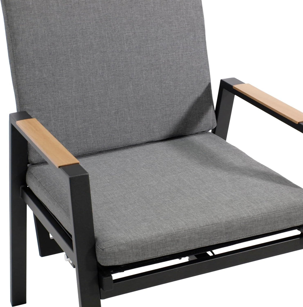 Sillón de jardín DEGAMO Bilbao con respaldo alto, aluminio resistente a la intemperie color antracita, reposabrazos con efecto madera, reclinable sin niveles, cojines grises, resistente a la intemperie, exterior