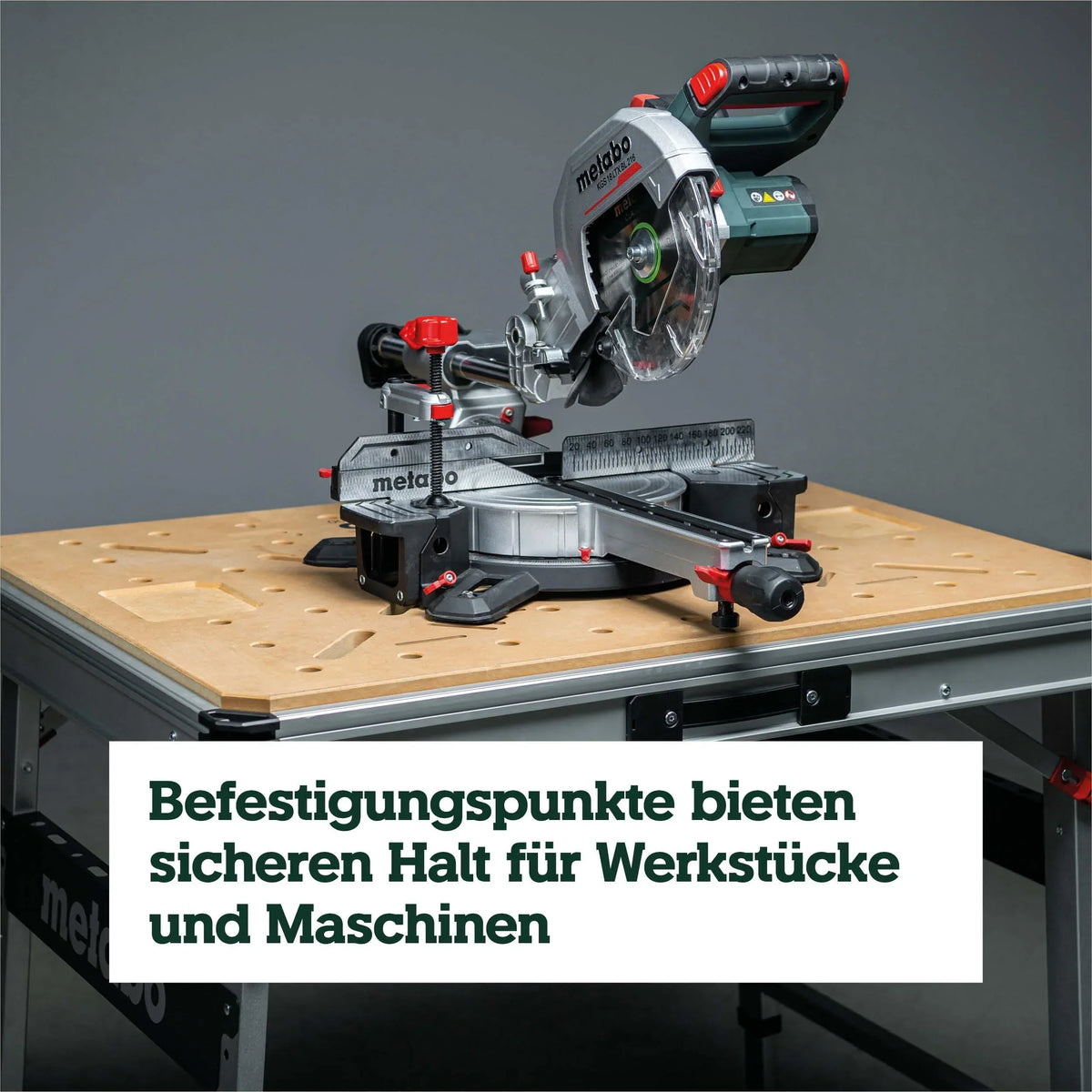 Mesa multifunción Metabo MWB 100, banco de trabajo plegable, caballete móvil, 120 kg, incl. 2 sargentos y 4 topes de banco