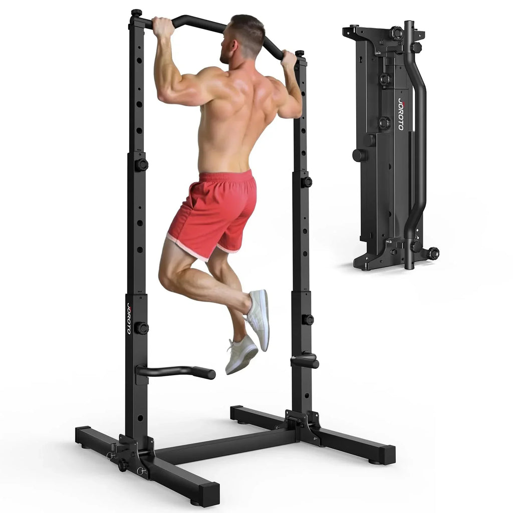 Torre de musculación JU30 5 en 1, estación de dominadas y fondos, ajustable en altura, plegable, capacidad de carga de 204 kg, 112 × 105 × 210 cm