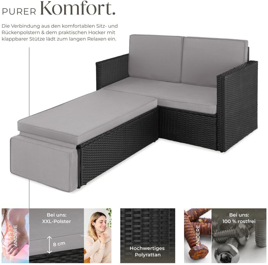 Set de sofá tectake® - Sofá de 2 plazas con taburete y función de cama, pequeño sofá de ratán como mueble de jardín exterior, resistente a la intemperie para salón, balcón y jardín, plegable con cojines impermeables - Negro